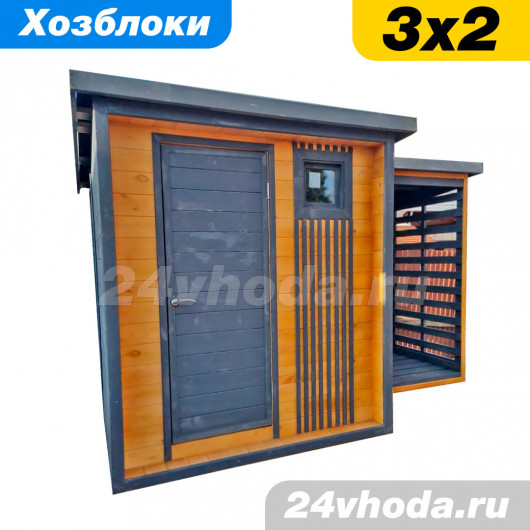 Хозблок 2×2 м с компактным дровником 1×1.2 м (тик / графит 7024)